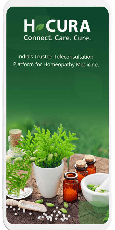 Mobile screen displaying India's trusted teleconsultation platform for Homeopathy medicine.
